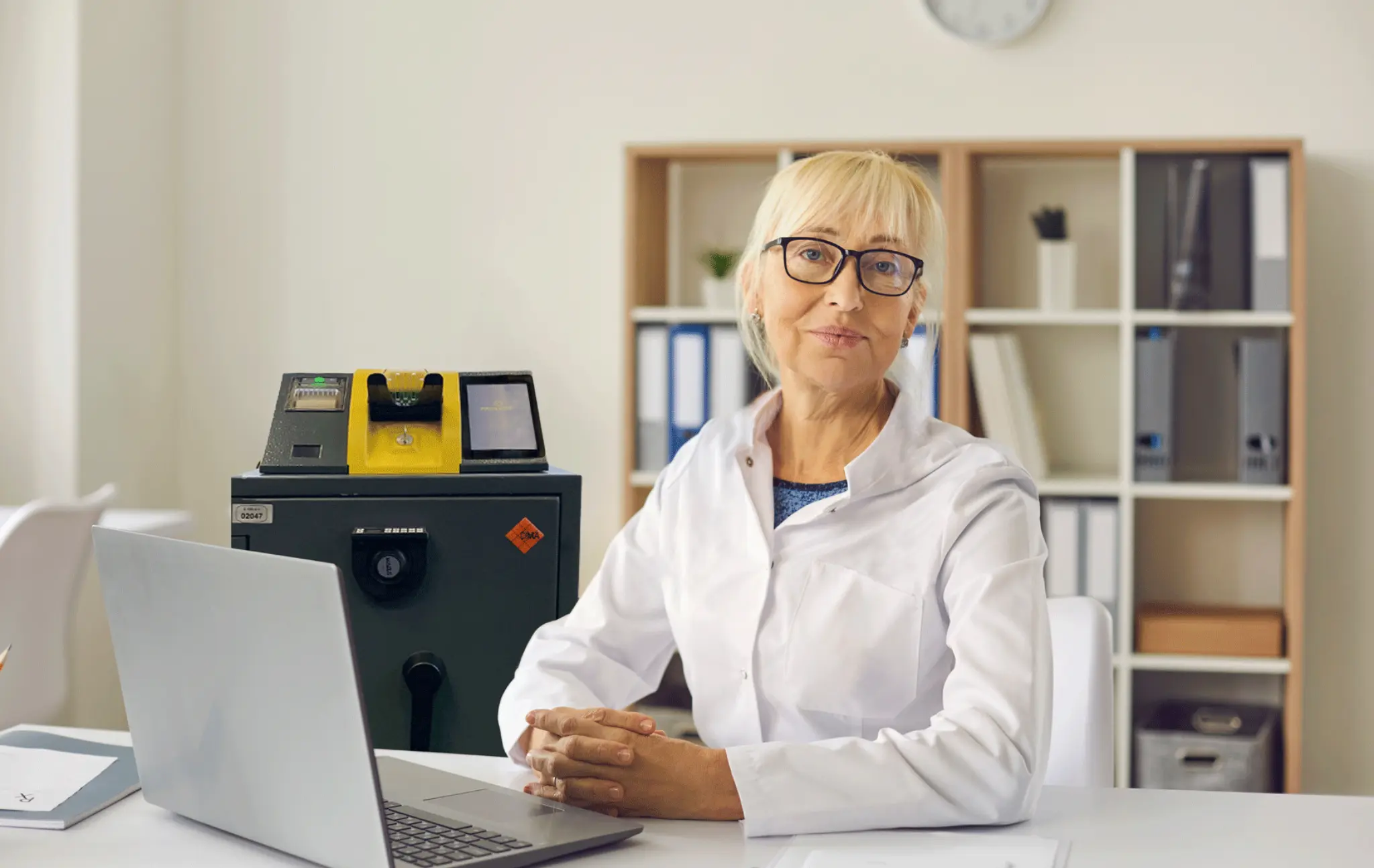 Apothekerin sitzt am Laptop, im Hintergrund Einzahlautomat von Prosegur
